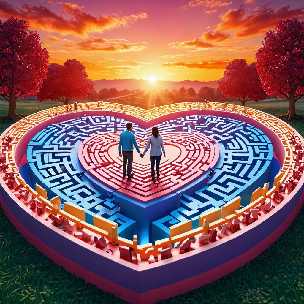 A reflective scene featuring a couple holding hands while walking through a maze represented by insurance documents and heart symbols, with expert advisors guiding them from the sidelines. The backdrop showcases a warm sunset symbolizing hope and security in relationships. Include subtle elements such as floating hearts and shield icons to represent insurance, creating an atmosphere of support and partnership. vibrant colors. 3D.