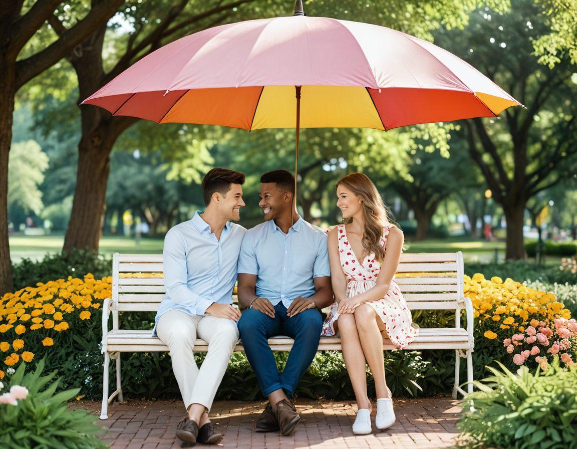 A romantic couple sitting together under an umbrella, surrounded by floating icons representing love and insurance (like hearts, umbrellas, and shields). The atmosphere is warm and inviting, with soft pastel colors in the background symbolizing safety and protection. Include elements of nature like a tranquil park setting, and the couple looking happy and secure in their relationship. This image conveys the essence of love and coverage. super-realistic. warm pastel colors. 3D.