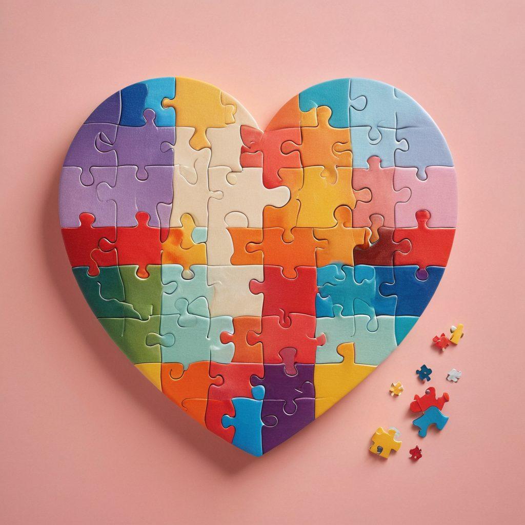 A heart-shaped puzzle symbolizing tailored insurance solutions, with pieces featuring diverse relationship icons such as couples, families, and pets, set against a soft, pastel background. Include a warm glow to evoke emotions of love and security, with subtle imagery of documents and a shield representing insurance. super-realistic. vibrant colors. soft pastel background.